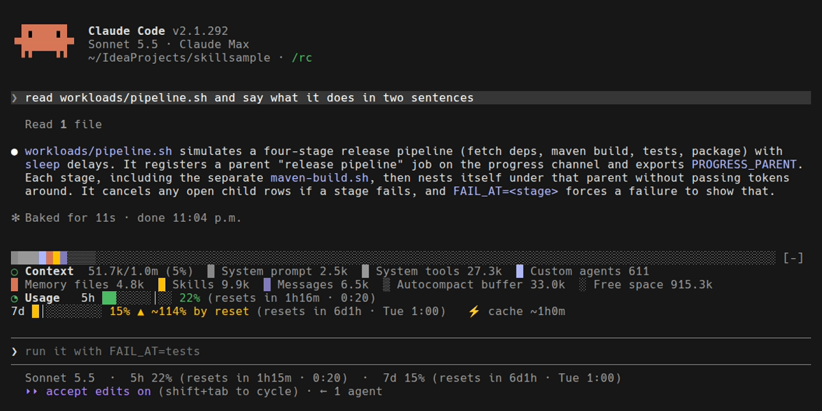 Both mods running in one real Claude Code session: the context window as a stacked bar with a token legend