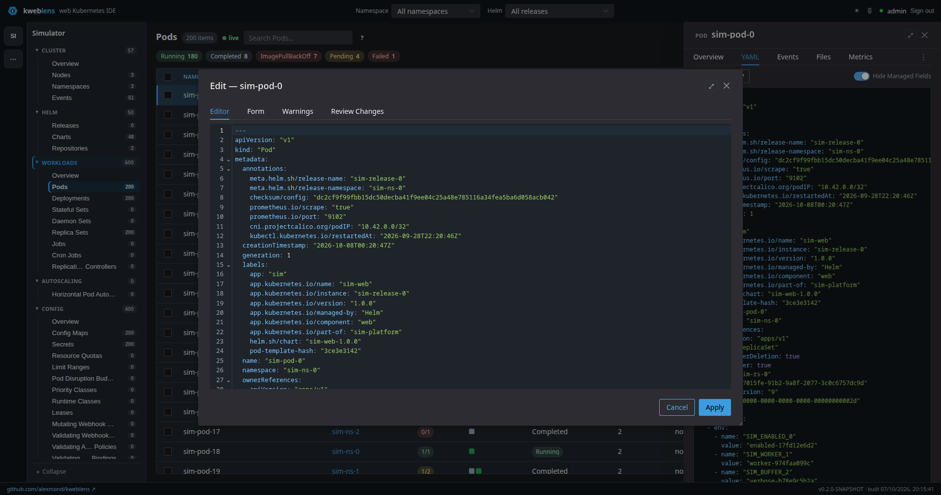 The YAML editor with its four tabs
